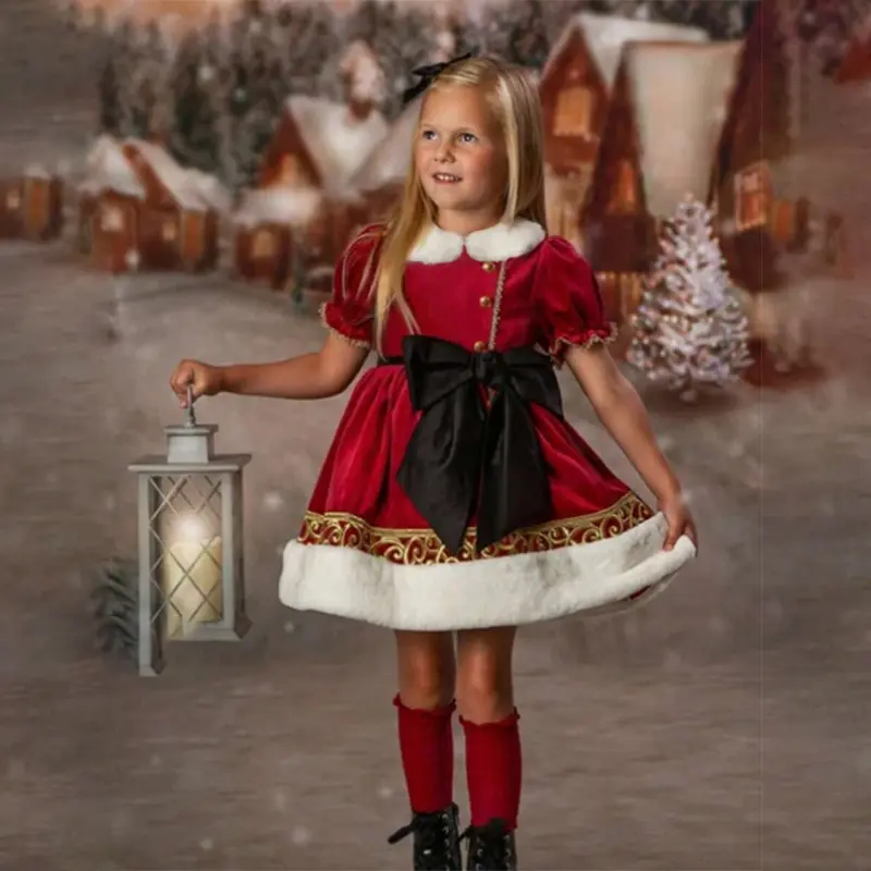 099 Christmas dress with puff sleeves baby collar tutu skirt girls' dress velvet bow dress