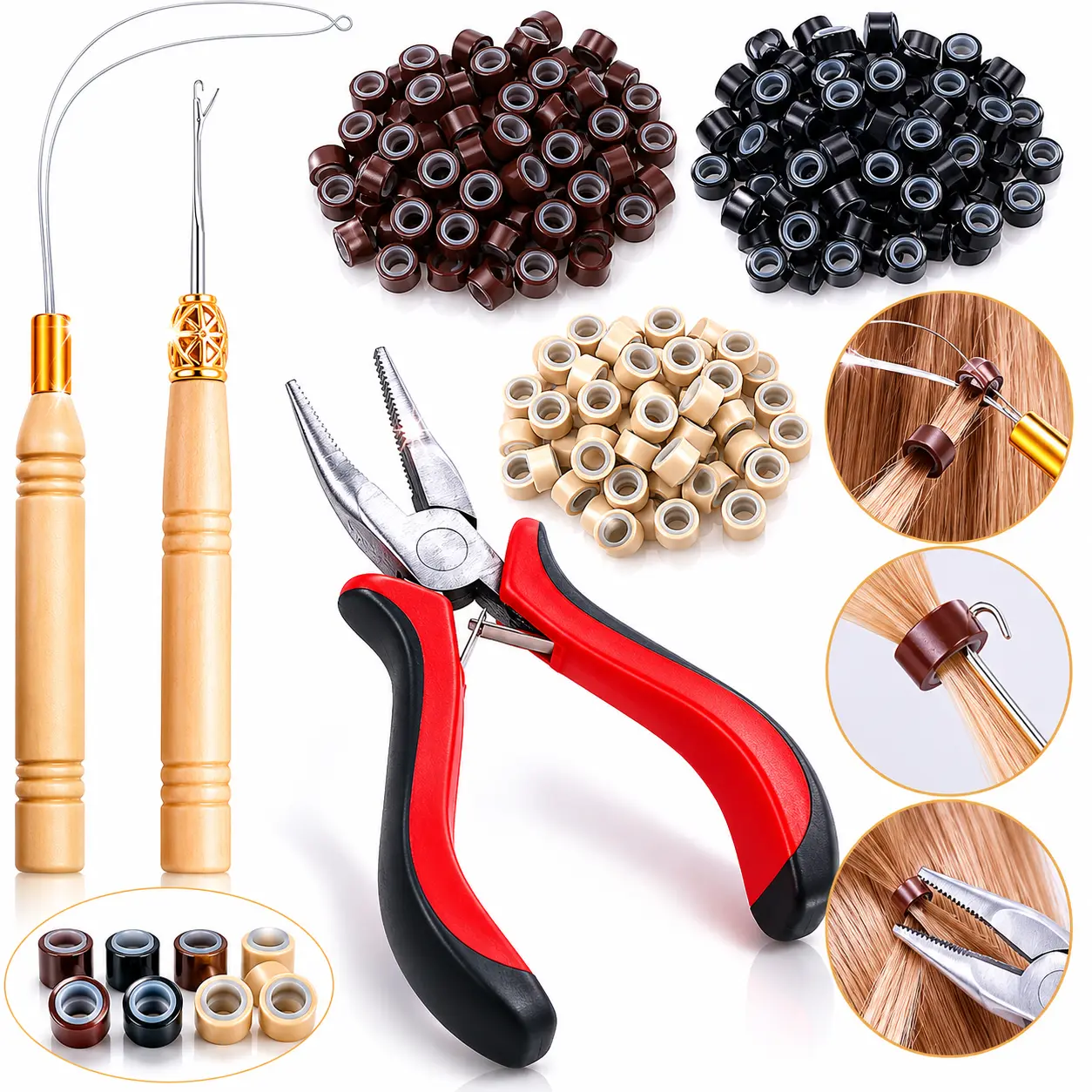 Professional Micro Link Hair Extension Tool Kit - 600 Anti-Slip Silicone-Lined Micro Rings, Pliers, Pulling Hook, Loop Needle for DIY Hair Extensions, Tinsel Feather Installation/Removal (Black, Blonde, Brown Beads) | Bead Device Protection for Weddings,,