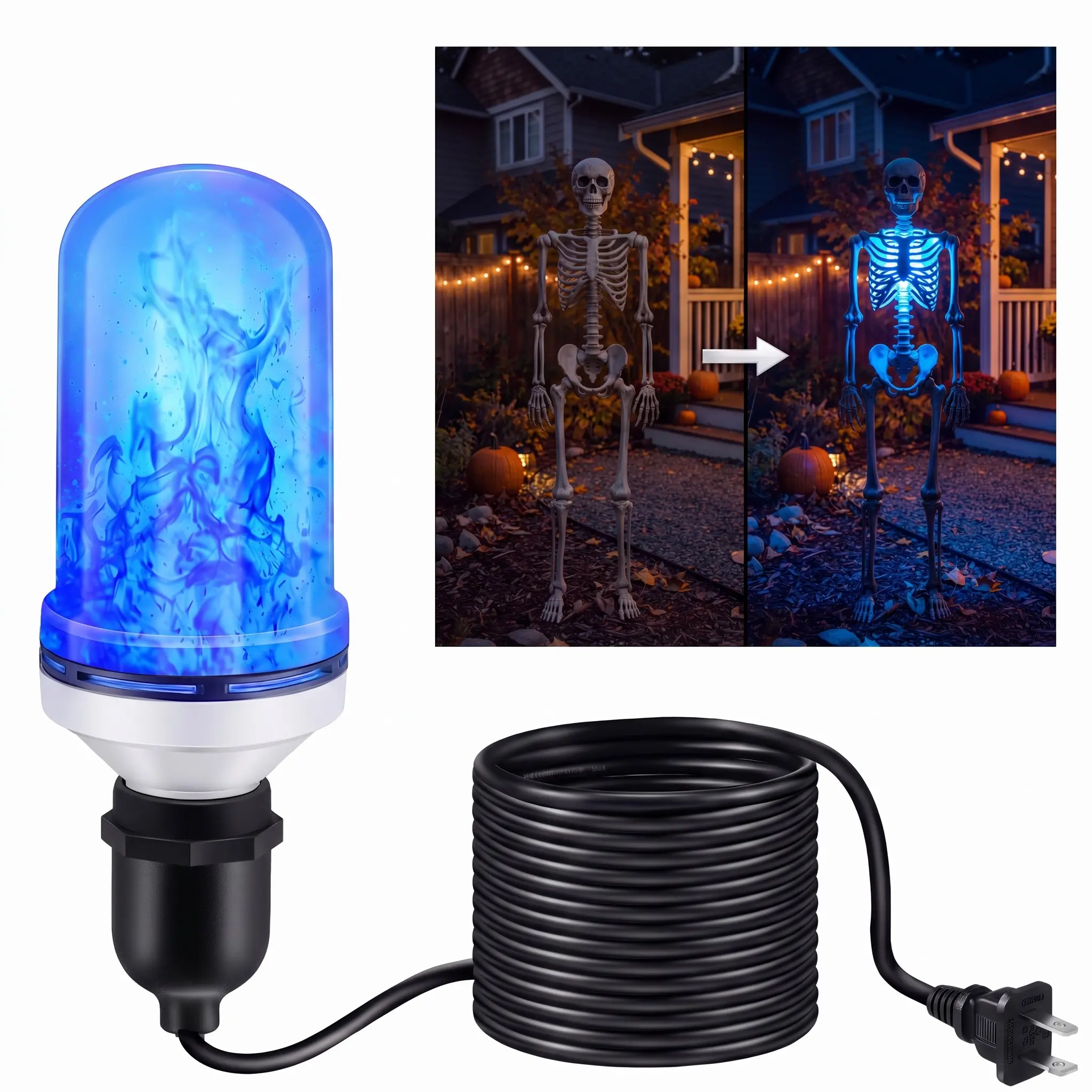 Halloween Skeleton Light Kit with 16.4ft Extension Cord, E26 LED Flickering Flame Effect Bulb, Spooky Glow Up Upgrade Kit for Giant Skeleton, Outdoor Yard Decor, Porch & Haunted House Halloween Decorations