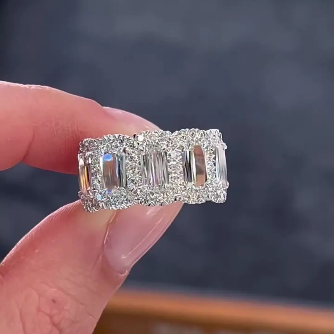 Jorrio Rhodium Luxury Emerald Cut Eternity Ring - Elegant Fashion Wide Band with Round Side Stone Cut, Beautiful Rings, Meaningful Gifts for Anniversary