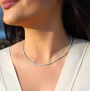 CrystalCraft Natural Larimar Faceted 2mm Beaded Choker Necklace with 2" Extension Chain - Healing Crystal Minimalist Boho Women's Jewelry Gift