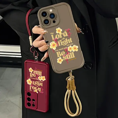 Exodus 14:14 Bible Verse Phone Case Christian Women Gift for iPhone 17Pro Max Air 16 15Plus 14 13 12 11 XR XS Galaxy S25 S24 S23 S22 A71 A56 A55 A54 A53 A52 Vintage Hibiscus Floral Soft Silicone Bumper With Adjustable Lanyard Rope.NN137