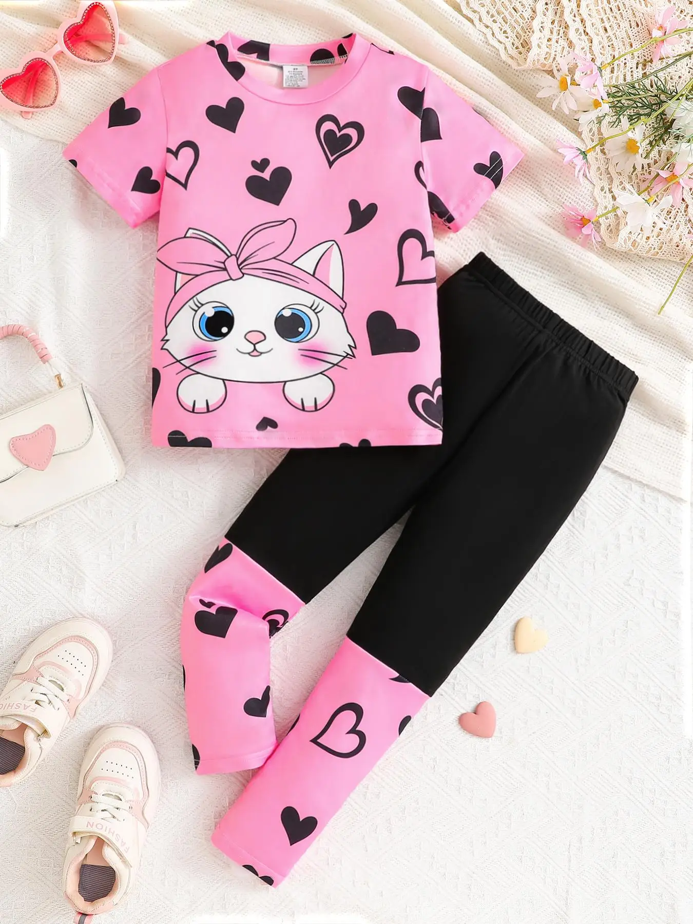 Girl's Heart & Cat Print Tee & Elastic Waist Trousers Set, Casual Round Neck Short Sleeve Top & Pants for Daily Wear, Kids Summer Clothes, Summer Clot