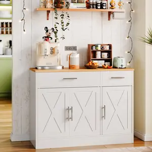Walsunny Farmhouse Sideboard Buffet Cabinet with Storage with 3 Doors & 2 Drawers, Barn Doors Entryway Buffet Cabinet with Storage, Adjustable Metal Kitchen Cabinet,White