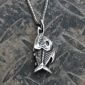 Fish Skeleton Pendant Necklace Stainless Steel for Men Women Cool Gothic Jewelry for Night Out or Casual Wear