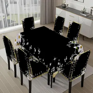5/7-piece 2D Printing White Yellow Flowers with Black Gold Frame Printing Tablecloth and Chair Cover Set, Dining Chair Slipcover, Chair Covers Set, for home, holiday gatherings, parties