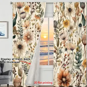 2 Bohemian retro art printed curtains, Window Drapes, Floral pattern, wild plant flower design, pole pocket hanging, window treatment, polyester fiber, semi blackout enhanced privacy, suitable for bedroom, living room, office home decoration