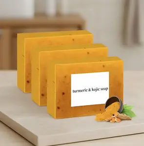 Turmeric & Kojic Soap with 1 bubble net, Organic Cleanser with Lemon, Body Care Product for Flawless Skin Gently Clean the Face, Contains Vitamin C, Shea Butter