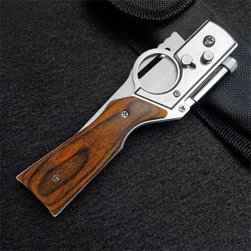 Folding Pocket Knife, Stainless Steel Blade, Wooden Handle with LED Light, Multi-Functional Utility Knife for Camping, Hiking, Outdoor EDC Tool, with Nylon Sheath (Small)