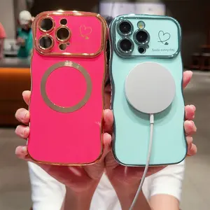 for iPhone 12 13 14 15 16 Pro Max Case Magnetic,for Women Girls Soft Cute Wave Frame Curly Shape Love Heart Luxury Plating Phone Case Compatible with MagSafe Shockproof Back Cover