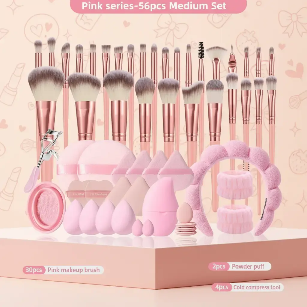 56Pcs Makeup Brush  Kit,  Cosmetic Brushes with Bubble Head Spa Headband, Eyelash Curler, Beauty Sponges, Powder Puffs & Silicone Brush Cleaning Bowl,  for Beginners Beauty Tools Set Cosmetics Makeup Tool Cosmetics Accessories Complexion Brush Set