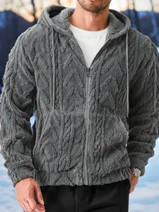 Men's solid-color knitted zipper long sleeve sweatshirt hoodie, Drawstring hoodie, thickened warm cardigan with hood, woolen sweater, loose fit, soft, skin-friendly and windproof, suitable for daily wear in autumn and winter, outdoor sports