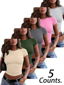 Sexy Women's Chic Plain T-shirt  Slim Lightweight Round Neck  Daily Commuter Short-sleeve 5 Pieces Crop T-shirt，TikTok Trending T-shirt Women ，Outfit Murah T-shirt Wanit,Comfortable Fabric, Top