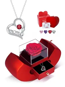 Heartfelt Mother's Love Necklace - MOM Heart Zircon Pendant, Light Luxury Clavicle Chain with Apple Shaped Preserved Rose Jewelry Gift Box, Perfect Gift for Birthday, Mother's Day & Valentine's Day