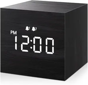 JALL Digital Alarm Clock, with Wooden Electronic LED Time Display, Dual Alarm, 2.5-Inch Cubic Small Mini Wood Made Electric Clocks for Bedroom, Bedside, Desk, Black JALL