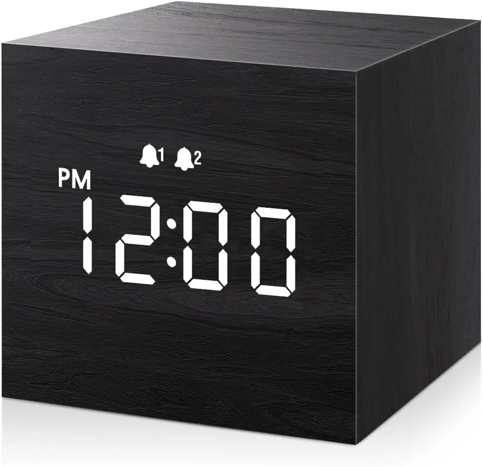 JALL Digital Alarm Clock, with Wooden Electronic LED Time Display, Dual Alarm, 2.5-Inch Cubic Small Mini Wood Made Electric Clocks for Bedroom, Bedside, Desk, Black JALL