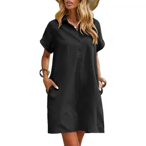Womens Cotton Shirt Dress Summer Casual Short Sleeve Button Down Beach Cover Up Shirts with Pockets