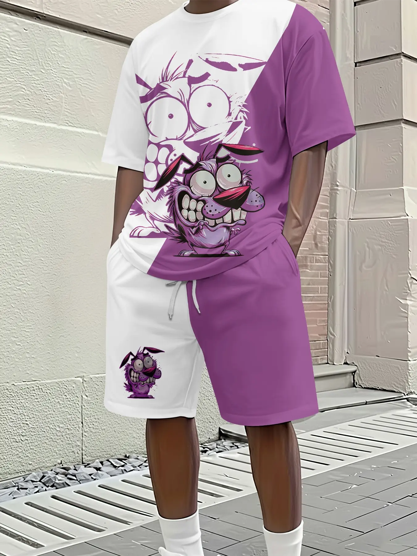 Men's 3D digital printed two-piece set with purple and white spliced quirky cartoon print, 2Pcs, Vintage, stylish retro casual, breathable sports and casual, ideal holiday gift for men