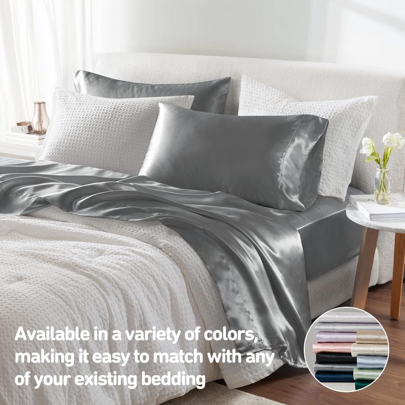 6 Piece Solid Color Satin Sheets Set (1*Flat Sheet + 1* Fitted Sheet + 4*Pillowcases), Luxurious And Silky With Natural Sheen