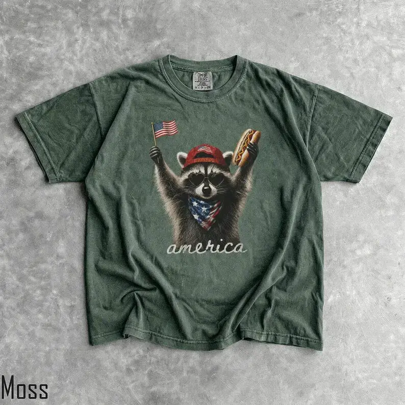 Comfort Colors America Raccoon Hot Dog T Shirt, Kids 4th of July Raccoon TShirt, Patriotic American Flag Graphic Tee, Women's Retro USA Animal T-Shirt