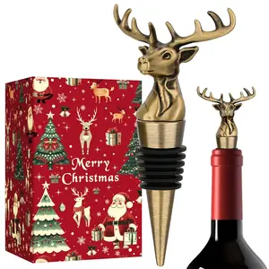 Vintage Deer Head Shape Wine Stopper with Christmas Gift Box , Decorative Champagne Bottle Plug, Kitchen Restaurant Bar Party Accessory, Creative Animal Shape Bottle Stopper,Ideal Christmas Present