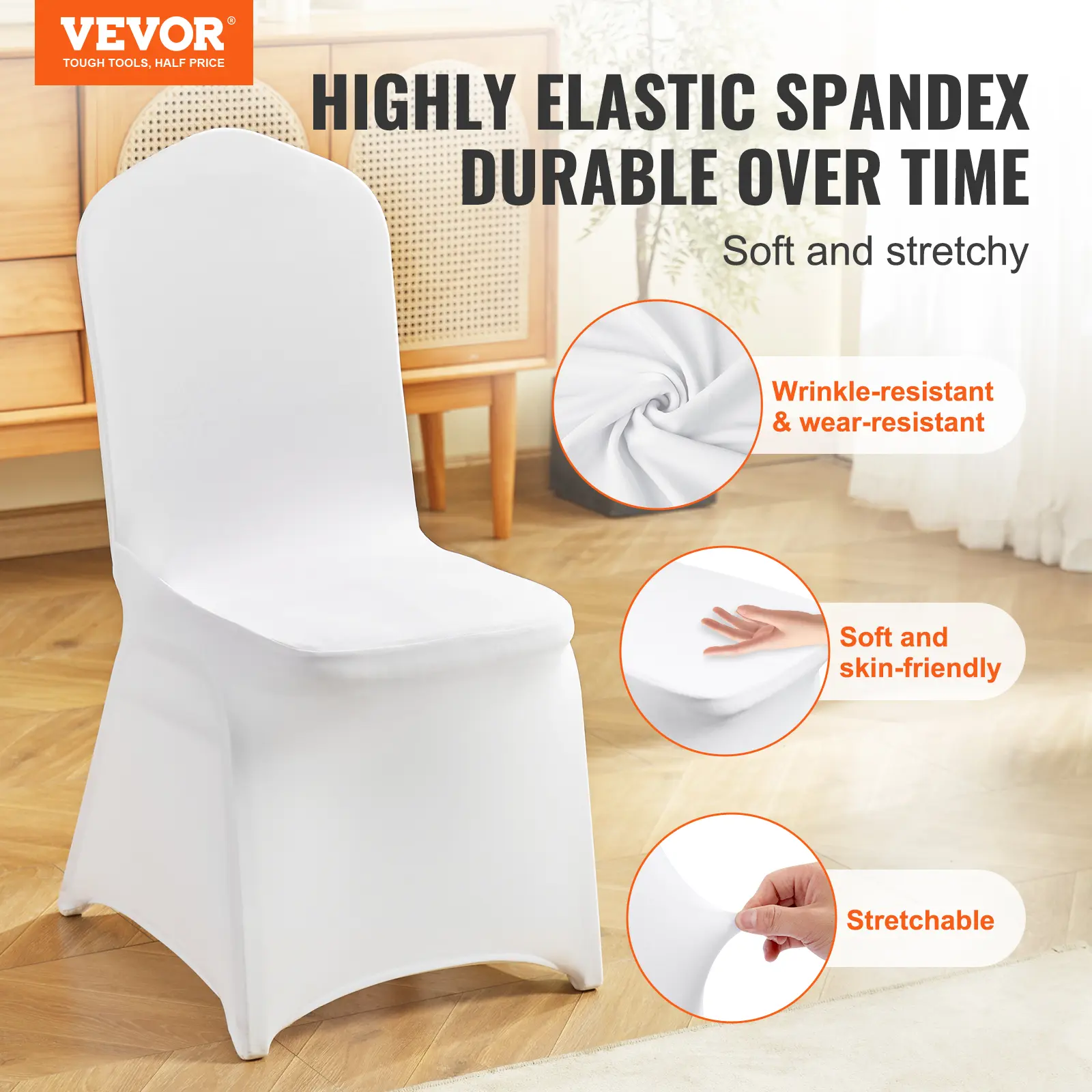 【summerfinds】VEVOR 100PCS White Stretch Spandex Elastic Folding Chair Covers, Universal Fitted, Elegant Wrinkle Resistant, Removable Washable Dining Room Chair Slipcovers, Durable, for Weddings, Parties, Dining Room Chair Covers