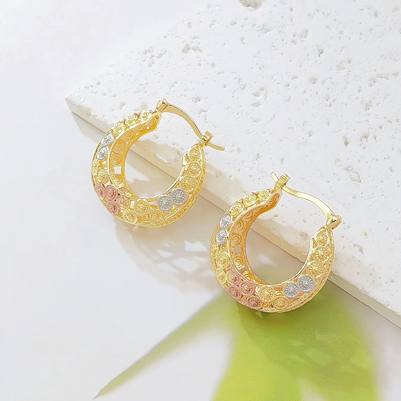 Tri-Color Gold Hoop Earrings for Women, 14K Gold Plated Coin Textured Oval Huggie Earrings, Yellow/Rose/White Gold Three Tone Hoop Earrings, Vintage Bohemian Jewelry Gift for Her