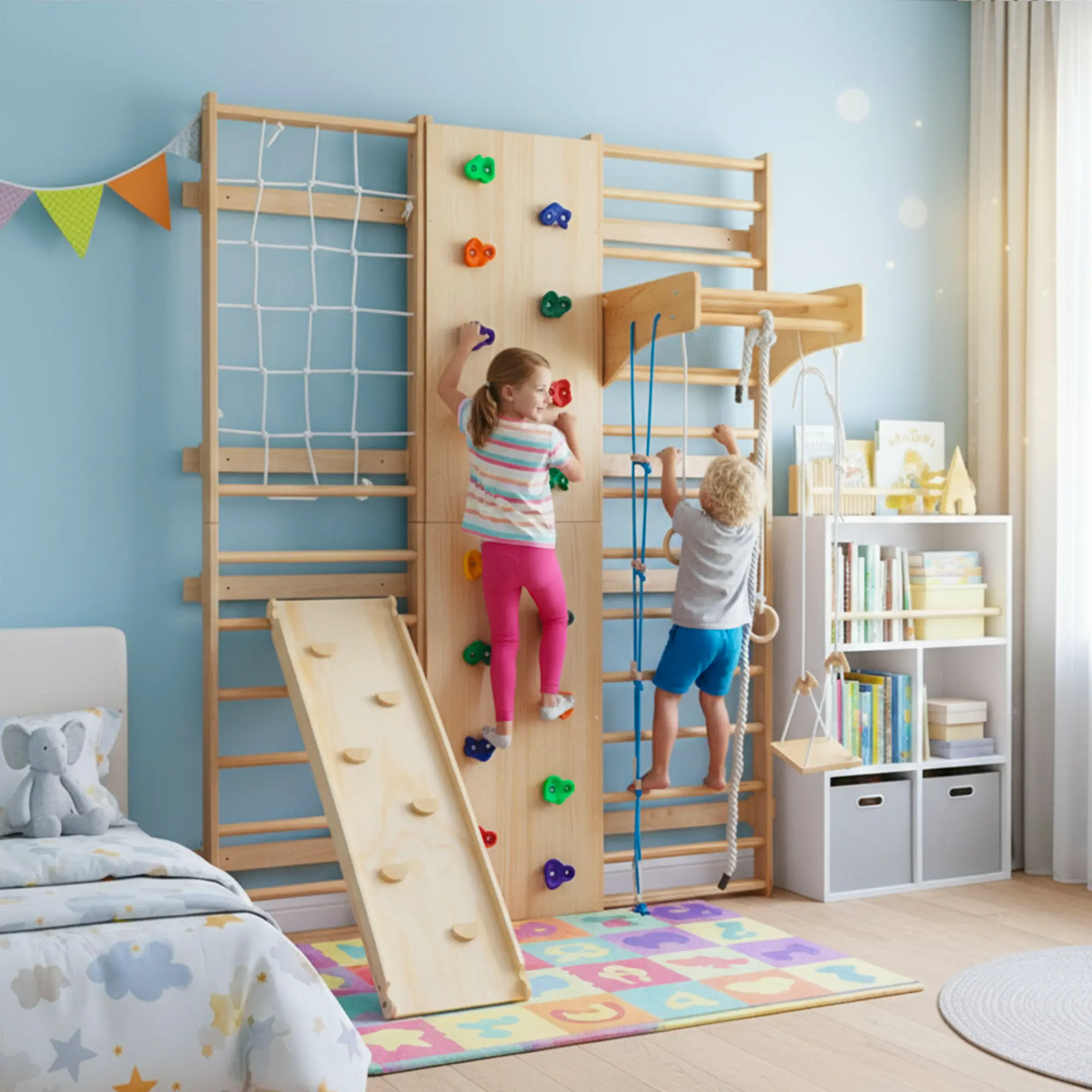 Indoor 10-in-1 Kids Climbing Playset with Rock Wall, Swings, Rings, Rope Ladder, Slide – Solid Wood & MDF, Wall-Mounted, Wood Finish