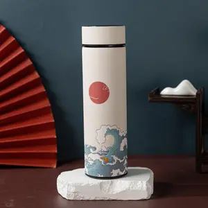 Insulated Coffee Tea Travel Thermos Mug Water Bottle with Removable Strainer and Temperature Featuring Elegant Asian Art Design - 16.9 fl oz (White)