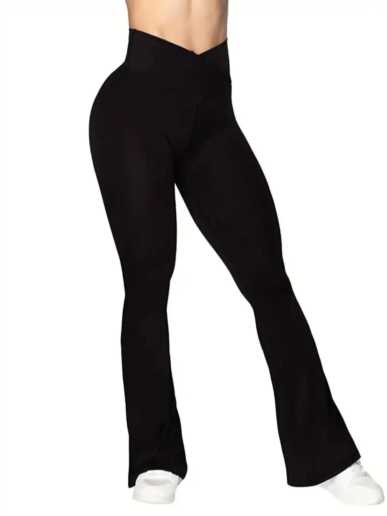 Women's V Waist Sports Flare Leg Leggings, Sporty High Stretch Seamless Plain Skinny Bell Bottom Pants, Ladies Sportswear Clothing