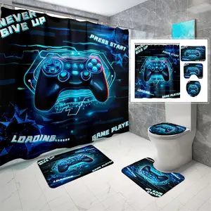 4 Pcs Game Shower Curtain Set for Boys - Gamer Controller Bathroom Sets Boys, Gamepad Bathroom Sets with Shower Curtain and Rugs Gaming Decor with 12 Hooks, 70" x 70"