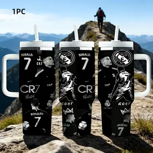 1pc 40oz Stainless Steel Insulated Mug with Black and White Sports Star Silhouette Print - All-over Theme - With Handle and Straw - Suitable for Various Occasions - Personalized Birthday/Holiday Gift