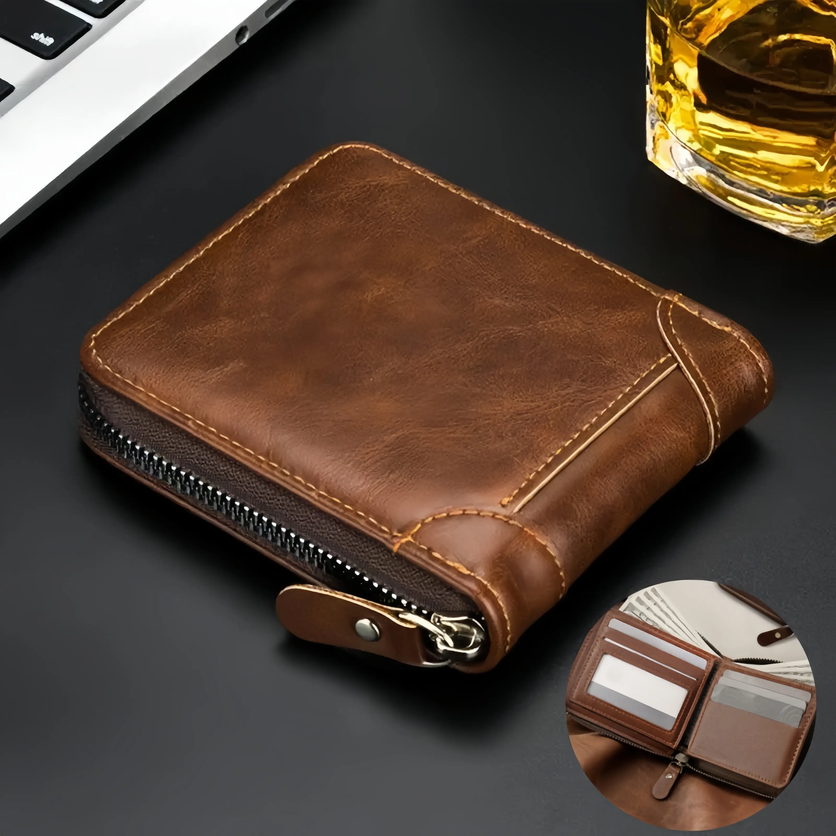 Men's  Business Leather Bi-Fold Zipper Wallet,Vintage RFID Blocking Wallet 4 Credit Card Holders, 2 ID Clear Windows And Cash Slot For Daily Essentials, Big Capacity Credit Card Holder For Travel Work Daily