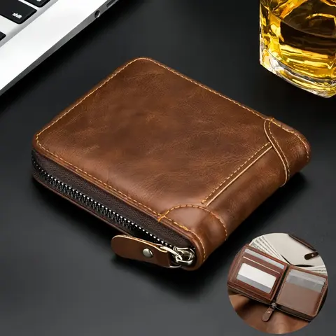 Men's  Business Leather Bi-Fold Zipper Wallet,Vintage RFID Blocking Wallet 4 Credit Card Holders, 2 ID Clear Windows And Cash Slot For Daily Essentials, Big Capacity Credit Card Holder For Travel Work Daily