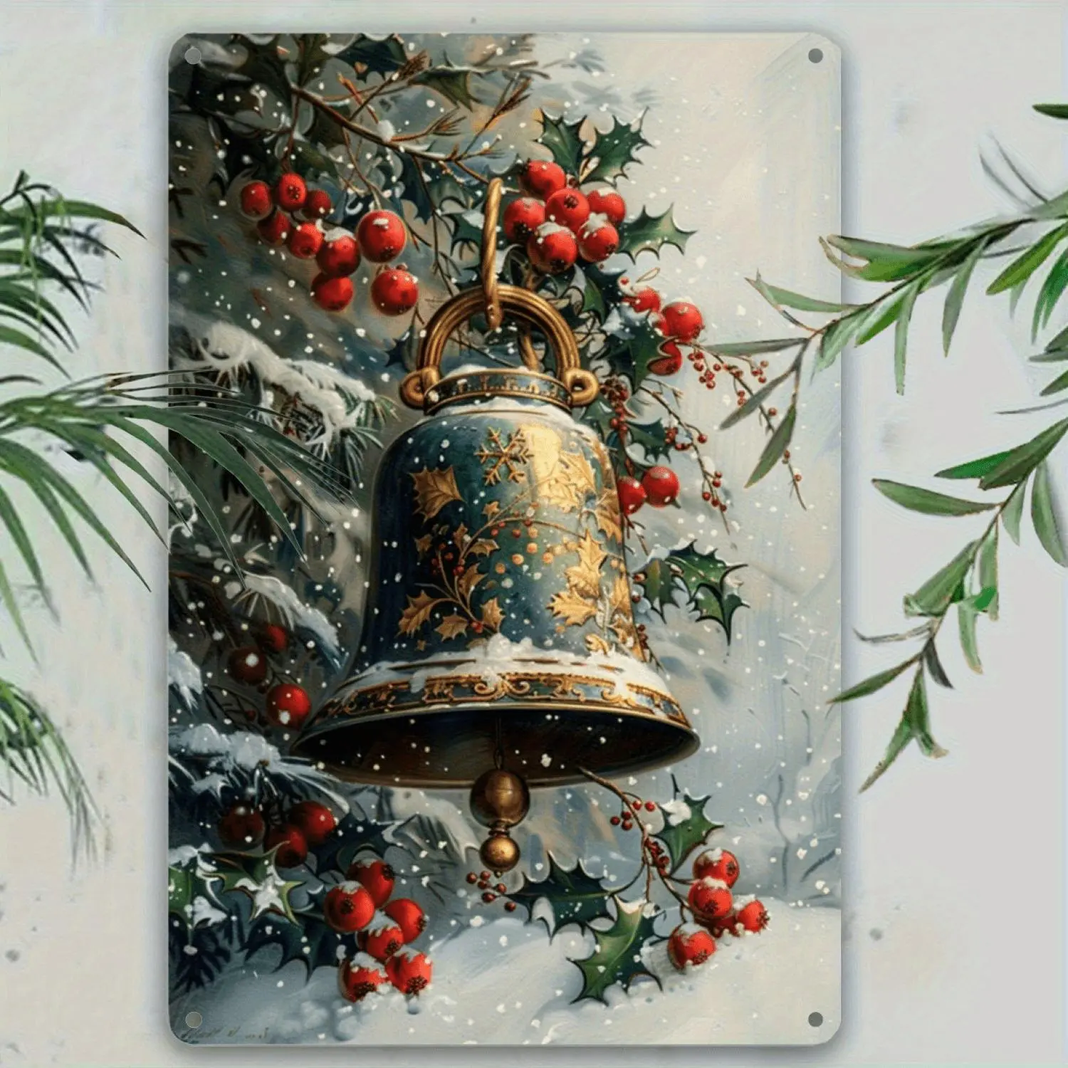 Vintage 2D Flat Christmas Metal Wall Decor Featuring Large Bell Holly and Mistletoe Heavy Duty Tin Snowflake Ornament in Golden Red Green Blue and White Ideal for Farmhouse Home Office Cafe Bar and Garden Decor