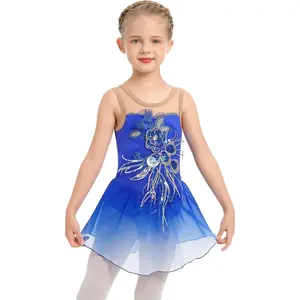 Girl Ice Figure Skating Dress Ballett Dance Leotards Gymnastics Sequin Flower Gradient Chiffon Skirt for Competition