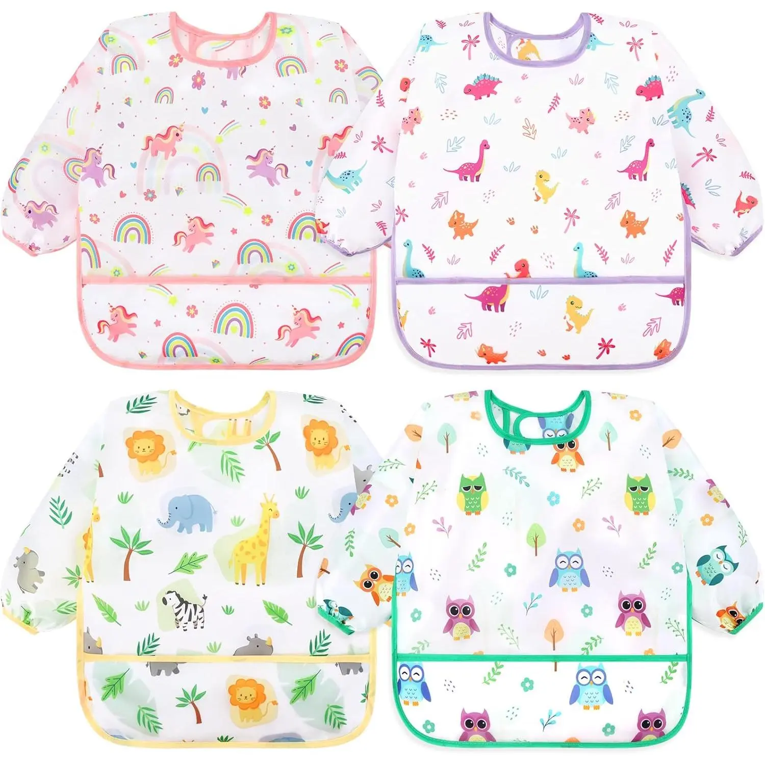 P-GCS08    4 Pack Long Sleeve Bibs, Baby Smock Waterproof Sleeved Bib Smock for Baby Toddler 6-36 Months