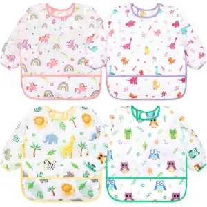 P-GCS08    4 Pack Long Sleeve Bibs, Baby Smock Waterproof Sleeved Bib Smock for Baby Toddler 6-36 Months