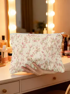 1pc, Cute Pink Floral Blossoms Printed Corduroy Cosmetic Bag, Makeup Organizer Pouch for Women, Handy Storage Clutch and Wash Bag for Travel, Purse, and Dorm Vanity Use