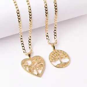 14K Gold Laminated Tree of Life Pendant Necklace – 3mm Cuban Link Chain – 16” 18” 20” 22”