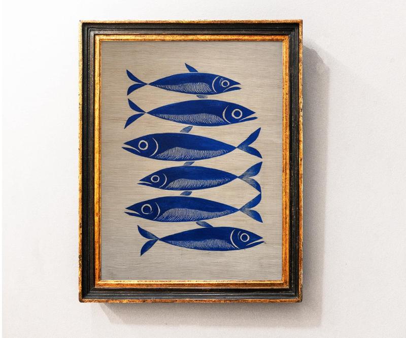 [SALE UP TO 50% + FREE SHIP] - Blue Ink Sardine Striped Oil Painting Wall Art Print, Stripes Trendy Aesthetic Kitchen Art, Sardine Kitchen Art, Antique Fish Art Printable