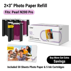 [Pearl N200 Pro 2×3" Photo Paper] Liene Pearl N200 Pro Portable Photo Printer Photo Paper 50 Sheets & 5 Cartridges, Picture Printer Sticker Paper Adhesive, Waterproof, Smudge Proof, Photo Paper Only for DMP130 for Scrapbook