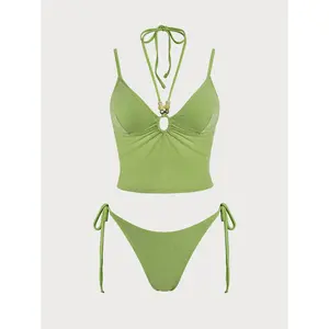 Green O-Ring Beaded Silver Thread Tankini Set Swimwear Delicate Handmade Craft Smooth Touch Fabric Stable Shoulder Strap Support Women Summer Beach Gathering Vacation Leisure Swimwear