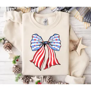 [Sale Up To 40%] Patriotic Bow Sweatshirt, American Flag Stars and Stripes Graphic, Festive & Fun for 4th of July
