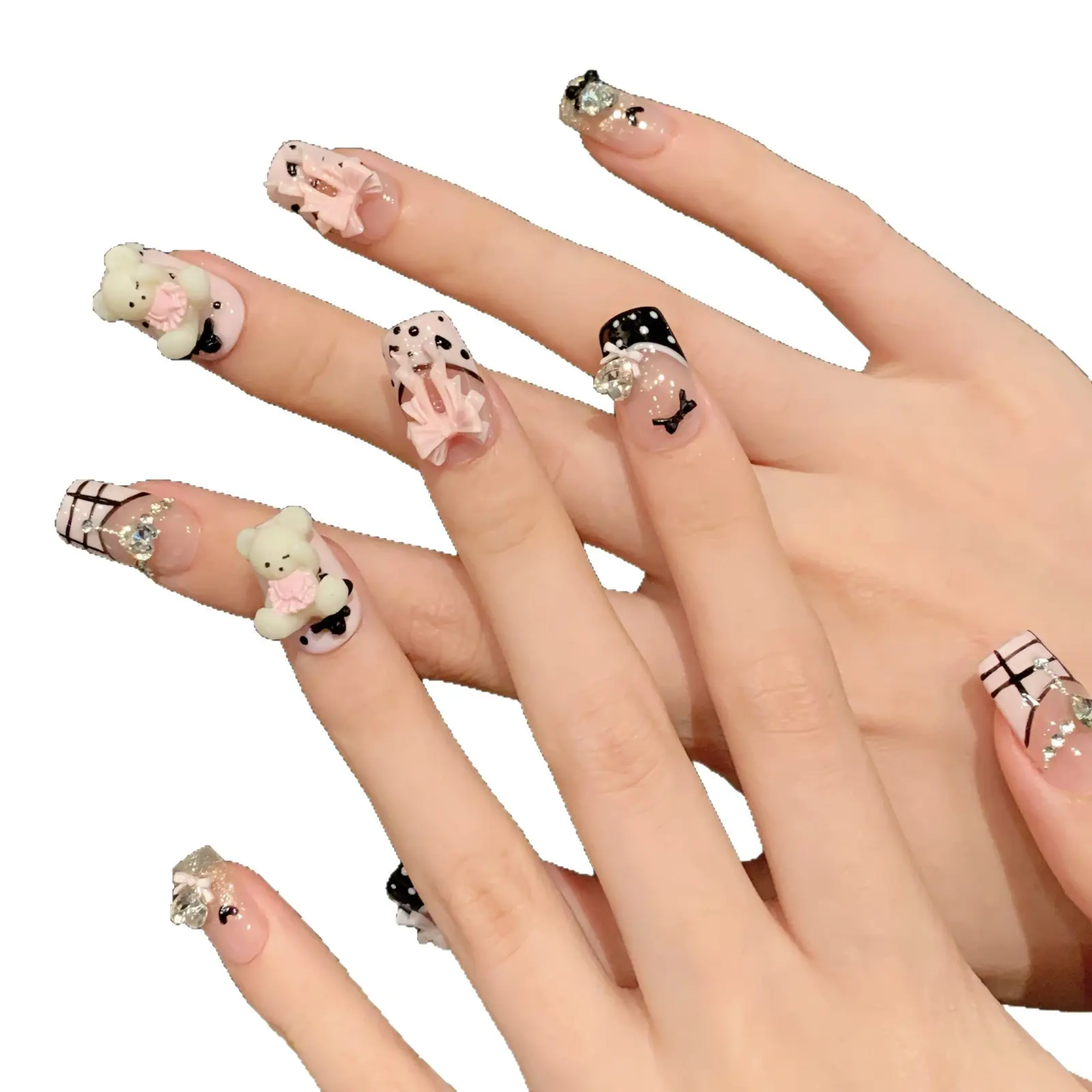 Yh-293 3D Cartoon Snow Powder Bear Press-On Fake Nails, Reusable Detachable Acrylic Nail Patches for Kids & Adults