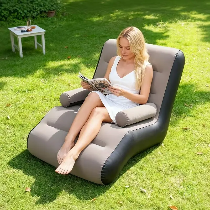 S-Shaped Inflatable Sofa, Plush Fabric Lounger Chair with Foot Pump, Ideal for Sleeping, Resting, Reading, Suitable for Living Room, Bedroom, Balcony