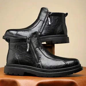 Men's Black Leather Chelsea Boots with Side Zipper & Thick Sole - Casual & Trendy Men's Shoes for Daily Wear