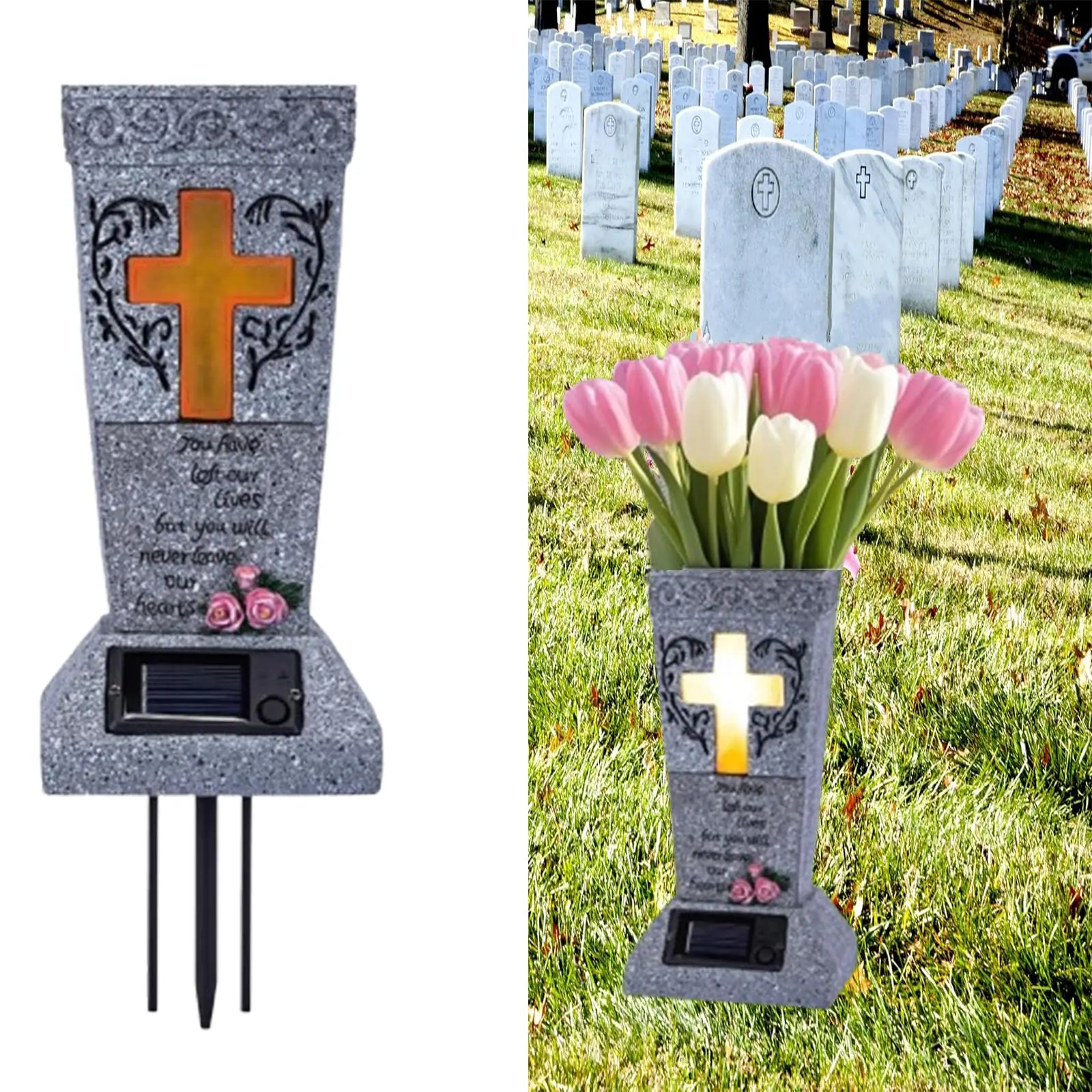 Solar Powered Cemetery Vase with LED Light for Grave Decorations, Cross Design Flower Holder for Loss of Loved One, Easter Decorations for the Cemetery, Mother's Day Gifts