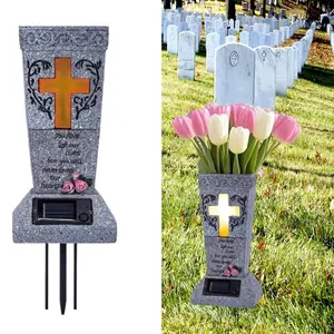 Solar Powered Cemetery Vase with LED Light for Grave Decorations Cross Design Flower Holder for Loss of Loved One