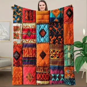 Vibrant Bohemian Patchwork Flannel Blanket, Colorful Ethnic Style Throw for Bedroom Sofa Bed, Soft Warm Home Office Decor Blanket, Cozy Boho Gift for Women Family and Decor Lovers